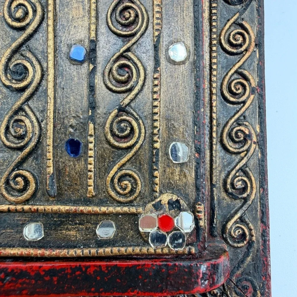Vintage Indian Hand-Carved Wooden Shutter Mirror with Inlay